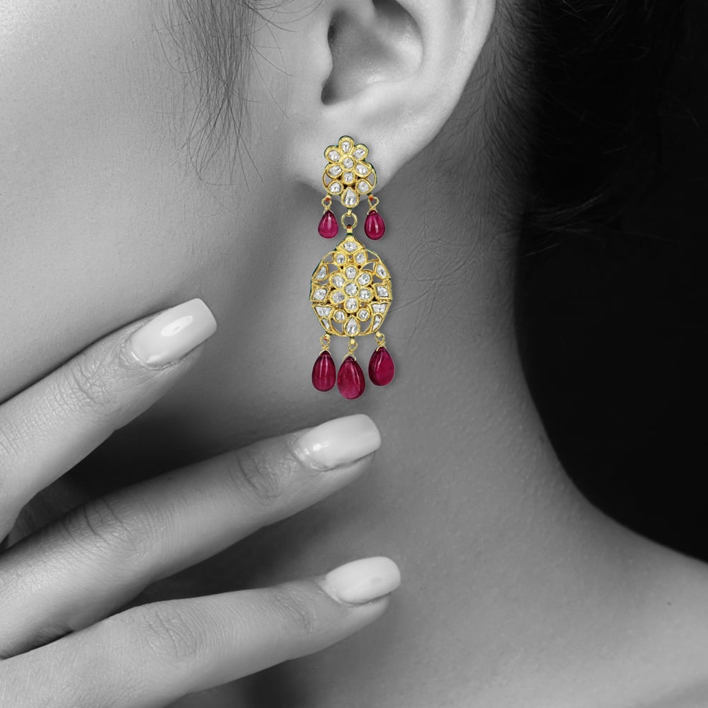 Floral Polki Earrings with Rubylite Drops